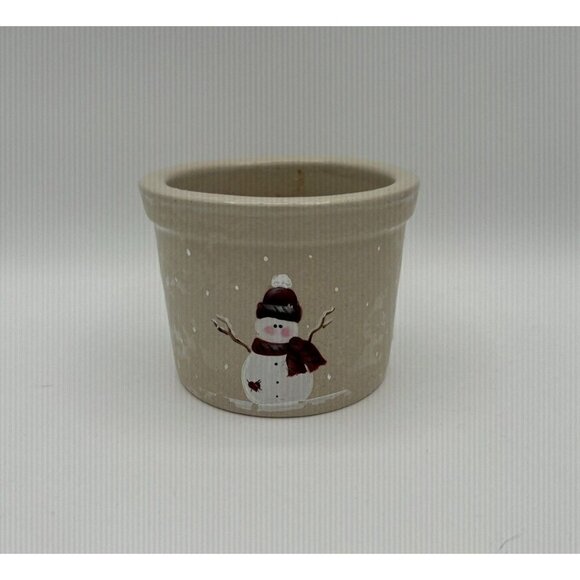 Vtg RRP USA Roseville Ohio POTTERY 1-Pint Snow Man Stoneware Crock Holiday Crock - Picture 1 of 8